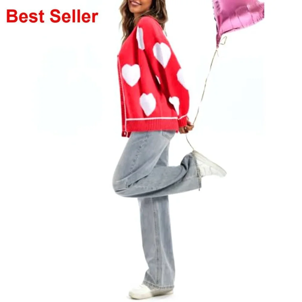 Chunky Knit Heart Cardigan Sweater Crewneck Long Sleeve Button Down